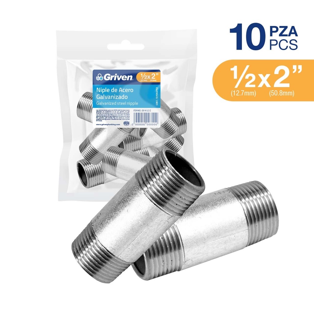 Niple Galvanizado 1/2 X 2" 10pza GRIVEN