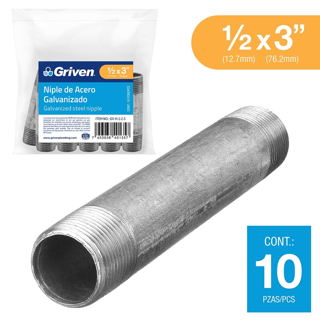 Niple Galvanizado 1/2 X 2-1/2" 10pza GRIVEN