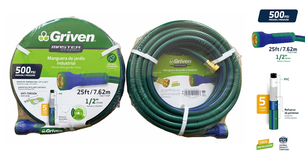 Manguera de Jardin Industrial 1/2" X 25ft GRIVEN