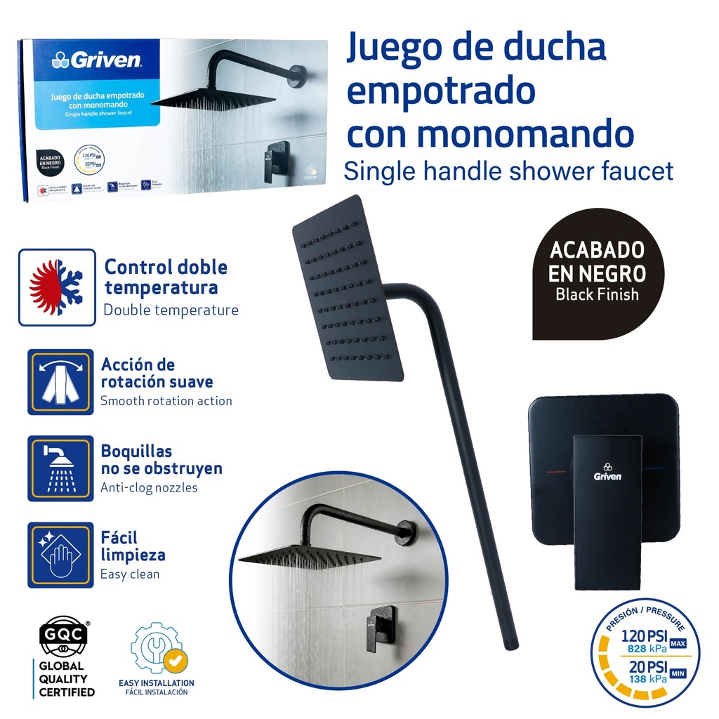 Set de Regadera Cuadrada 8" con Monomando GRIVEN Black Series