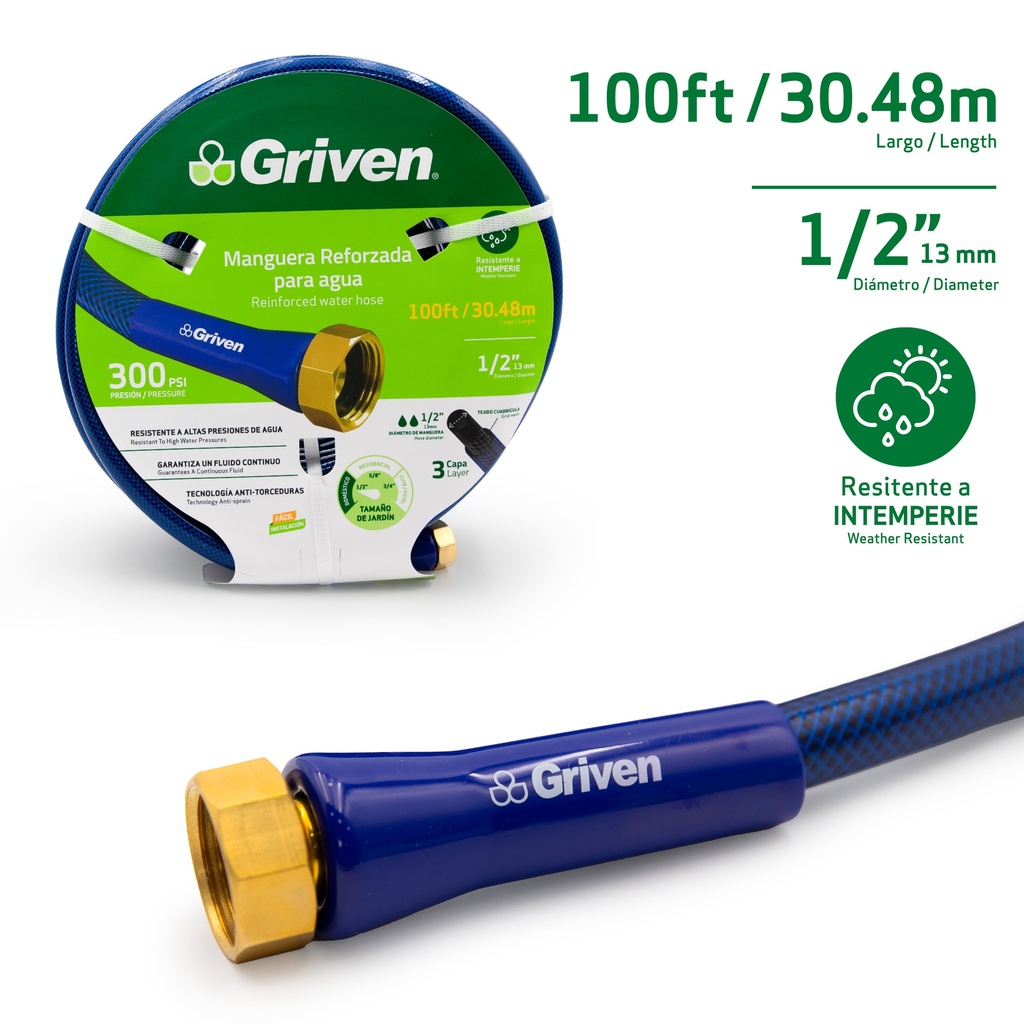Manguera Reforzada para Agua 1/2" X 100ft GRIVEN