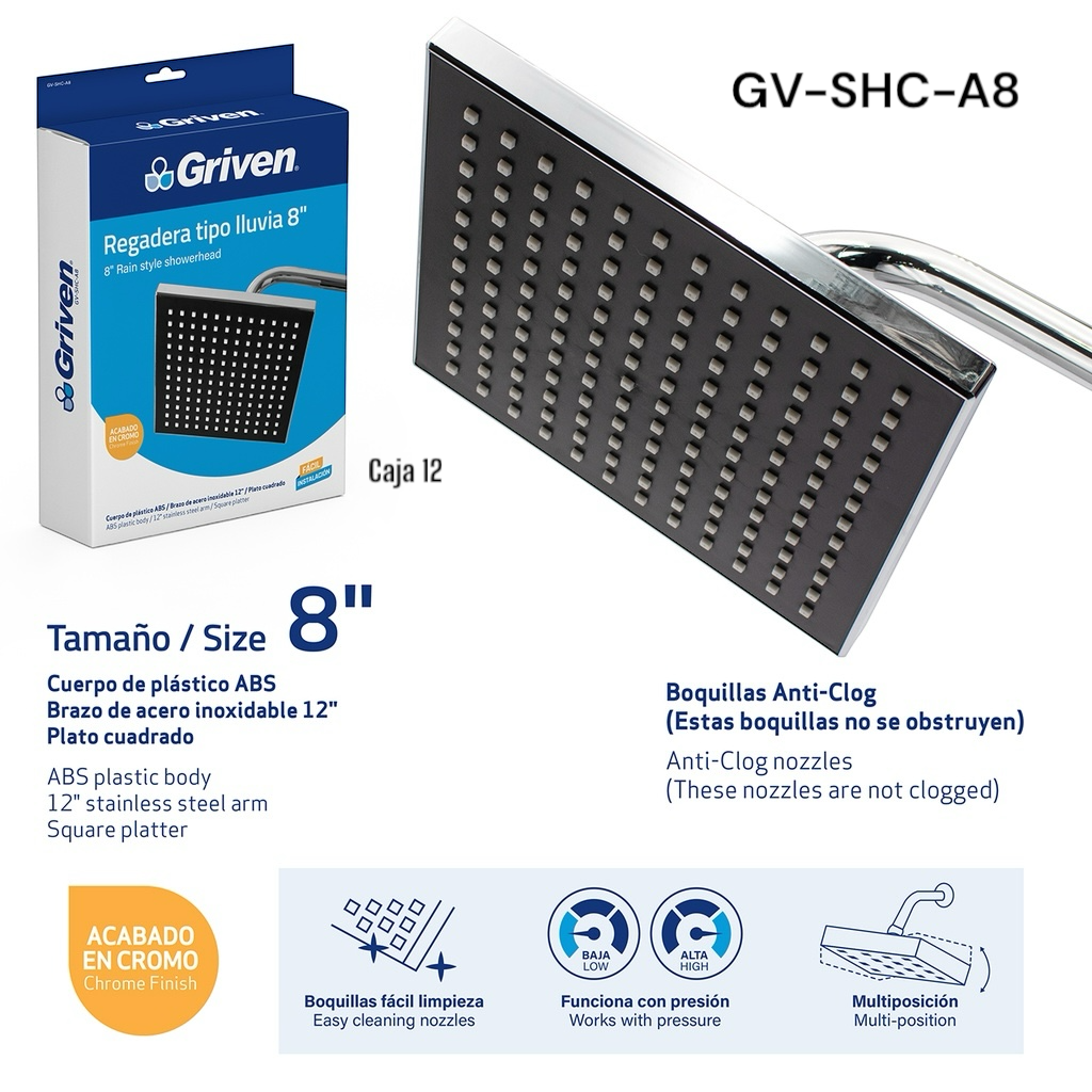 Regadera Tipo Lluvia 8" GRIVEN