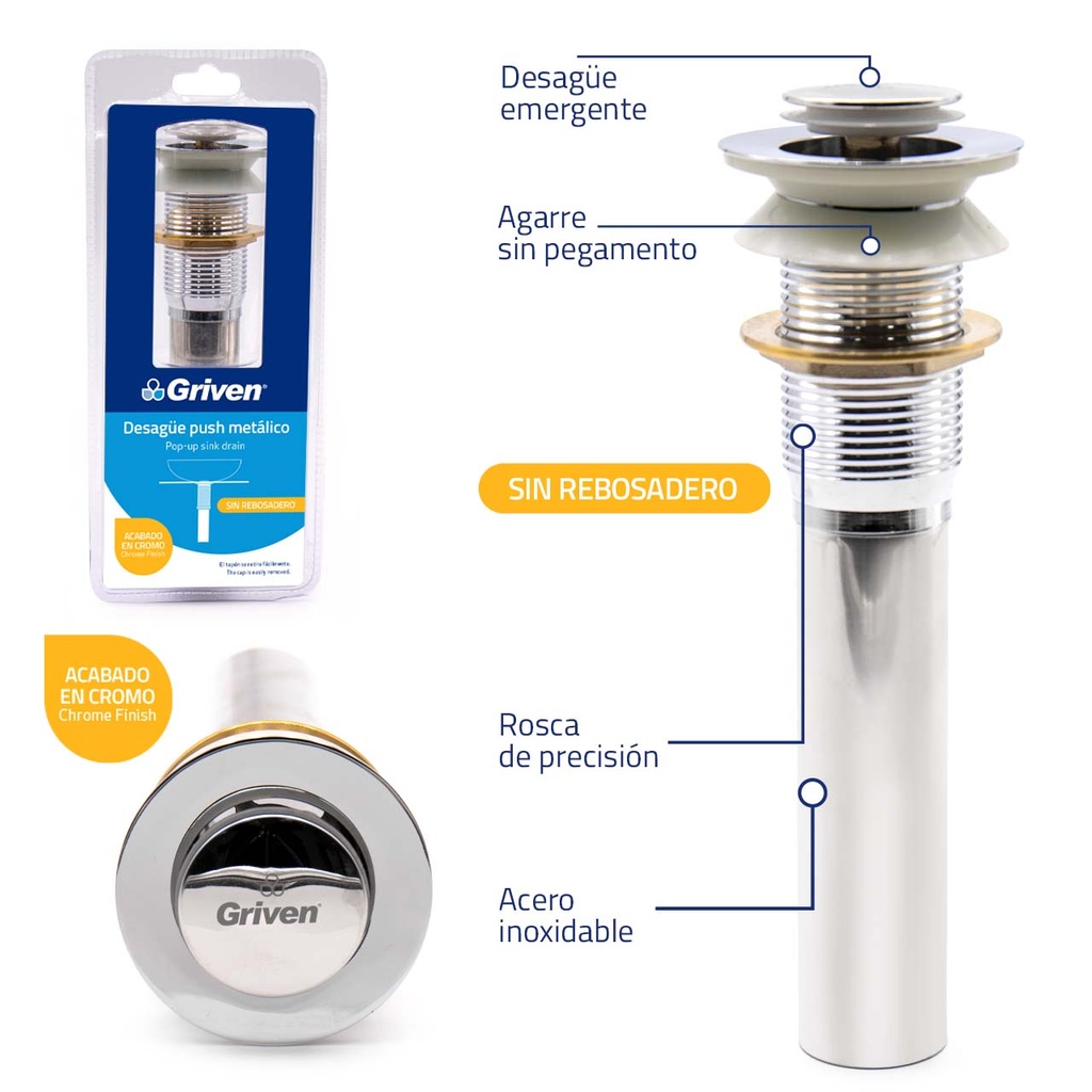 PO Plug Push Metalico sin Rebosadero GRIVEN