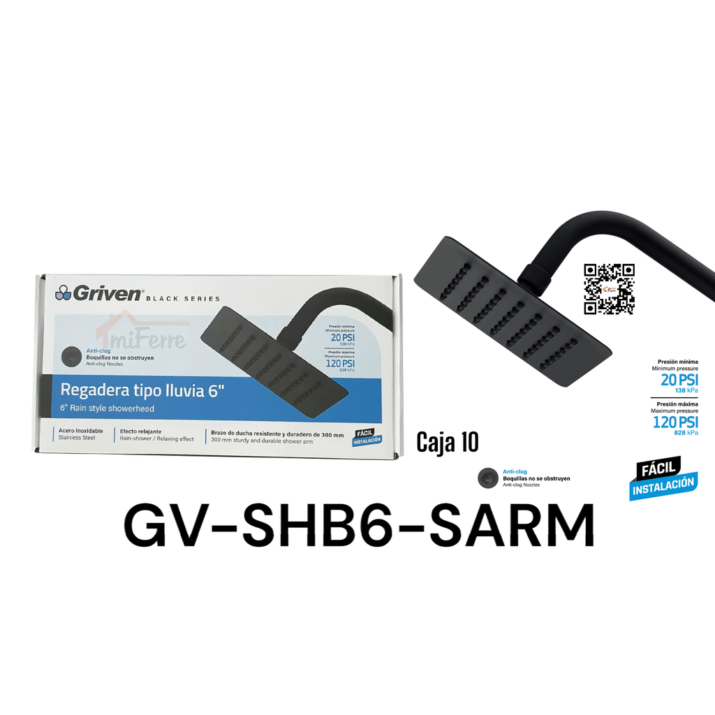 Regadera Tipo Lluvia 6" GRIVEN Black Series