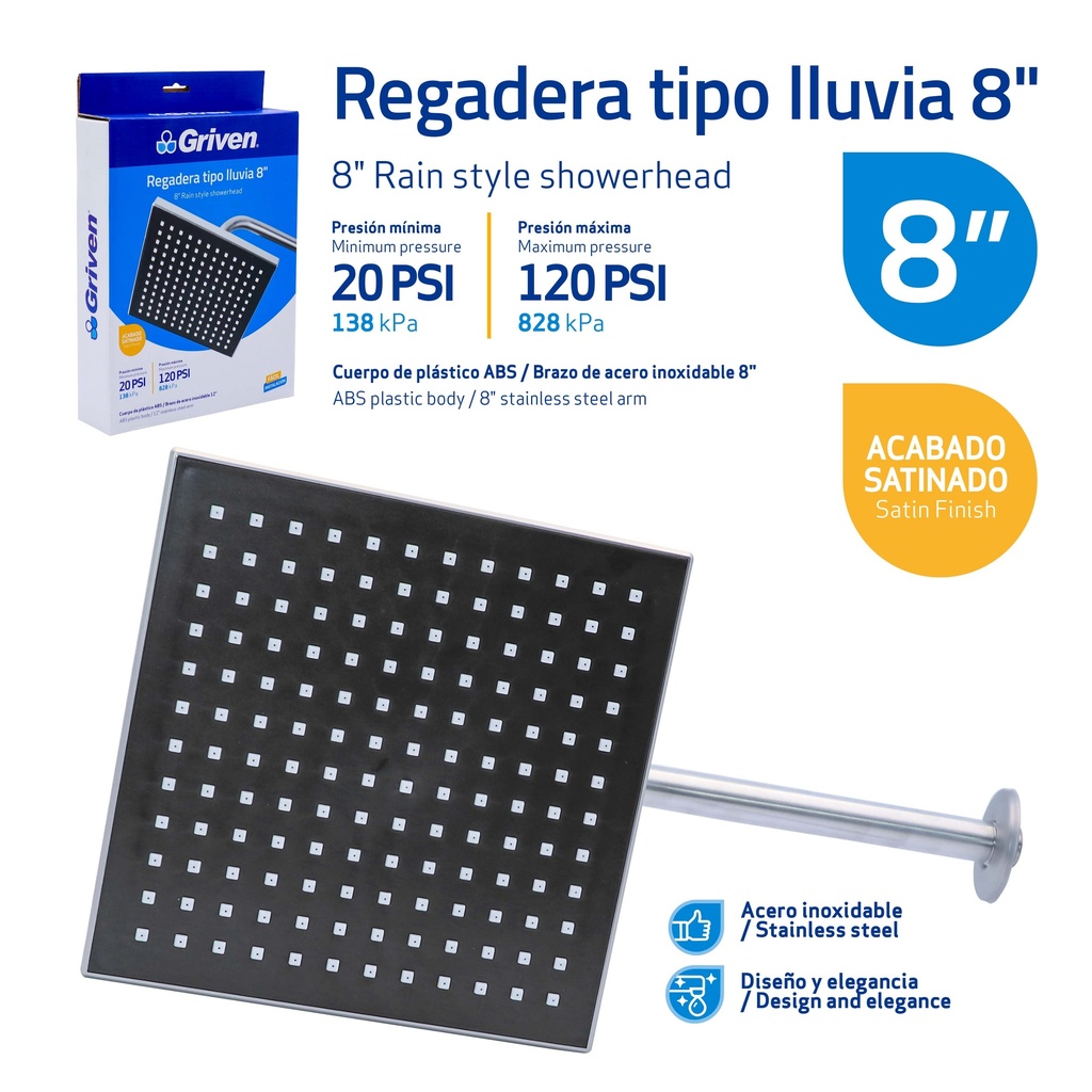 Regadera Tipo Lluvia 8" GRIVEN