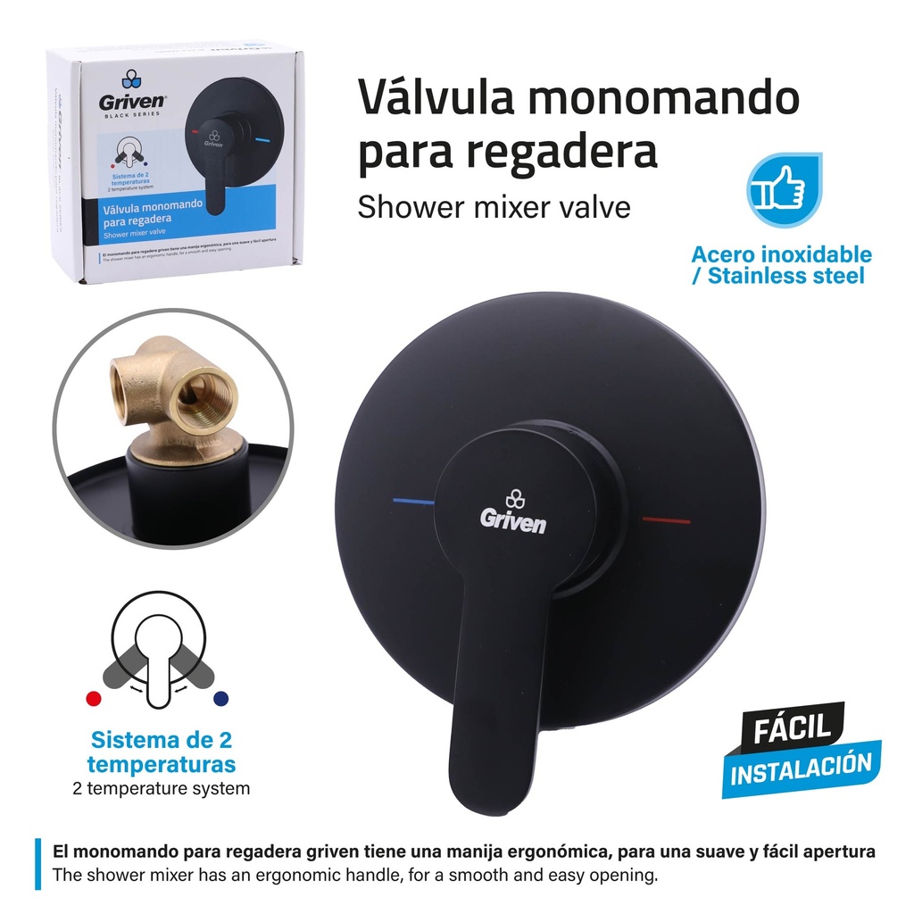 Valvula Monomando para Regadera GRIVEN Black Series