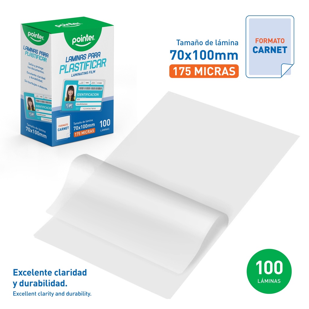 Laminas para Plastificar Carnet 70 X 100m 175micras POINTER