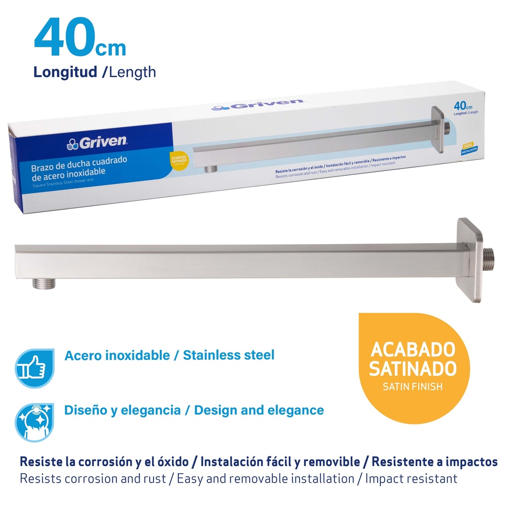 Brazo para Ducha Cuadrado 40cm GRIVEN