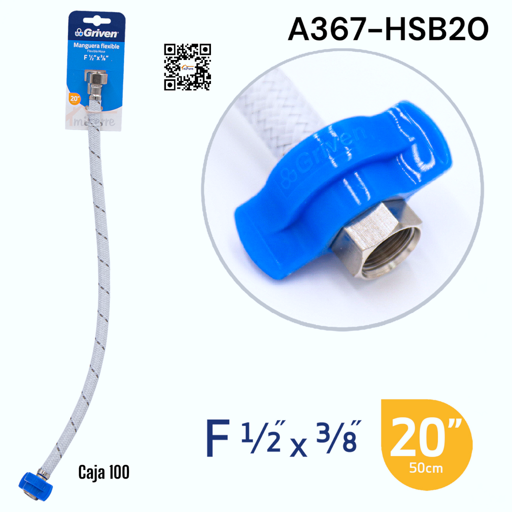 Tubo de Abasto para Lavamano y Fregadero 1/2 X 3/8 X 20" GRIVEN