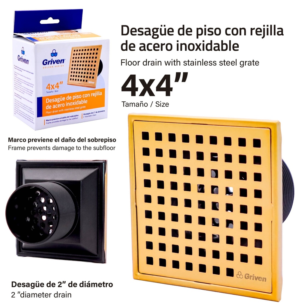 Desague de Piso con Rejilla de acero Inoxidable GRIVEN Golden Series