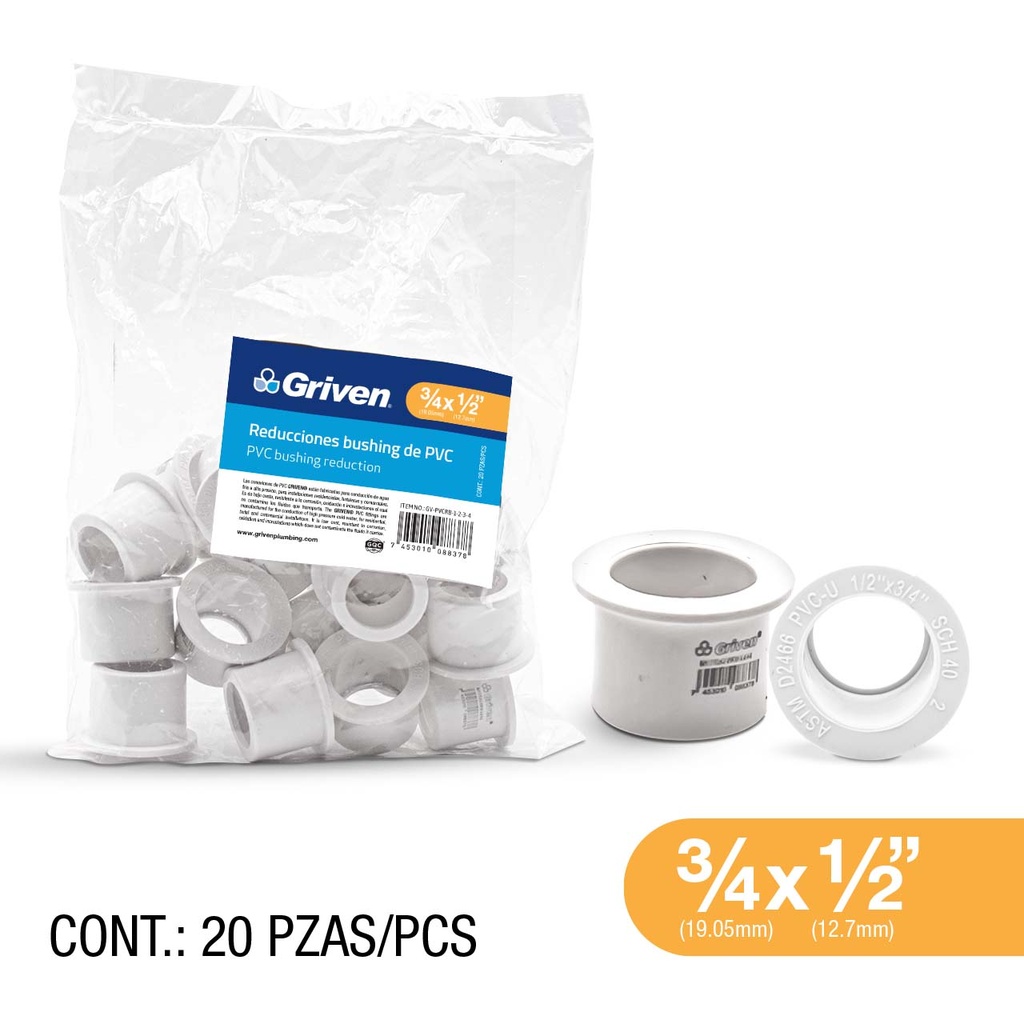 Reduccion PVC 3/4 X 1/2" GRIVEN 20pza