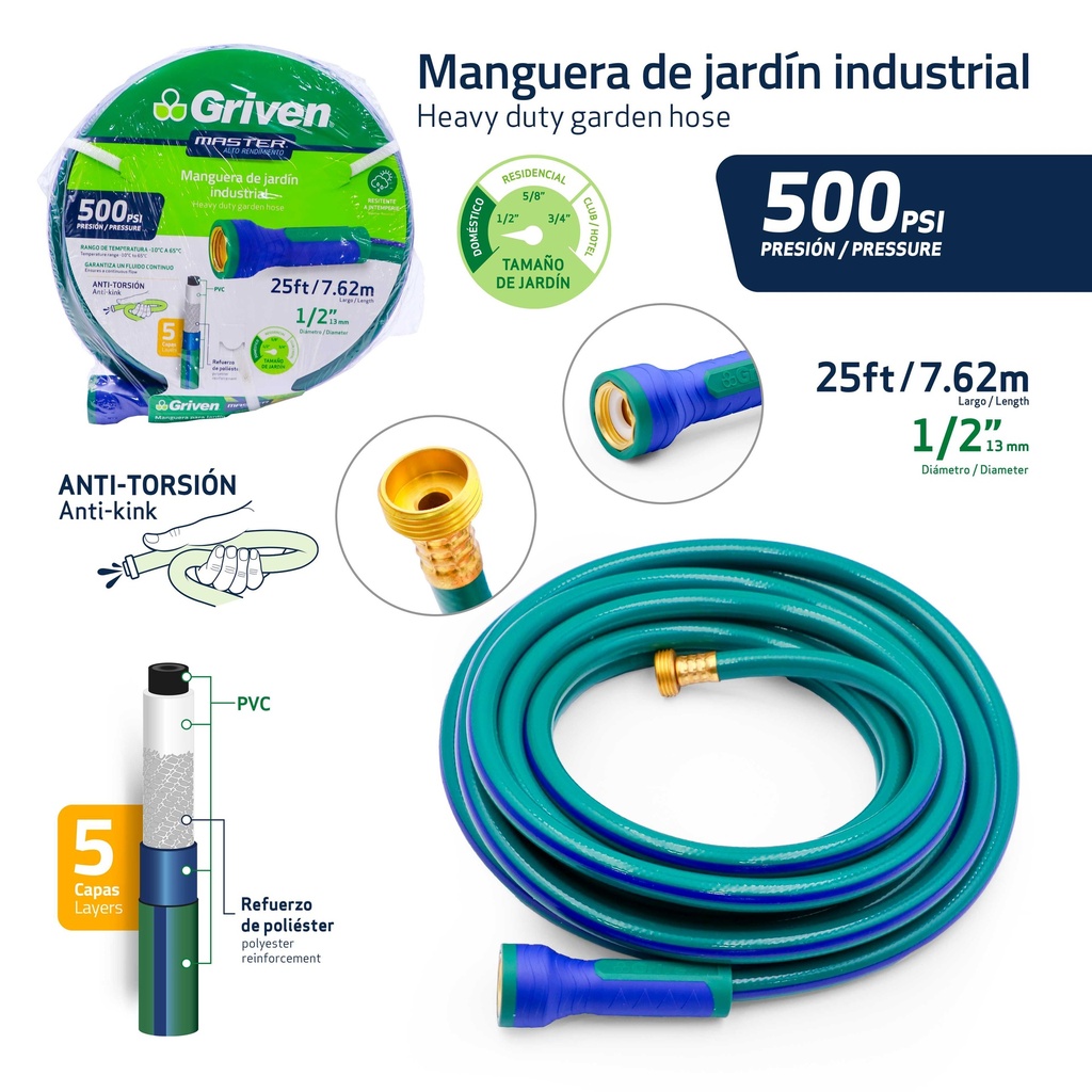 Manguera de Jardin Industrial 1/2" X 25ft GRIVEN