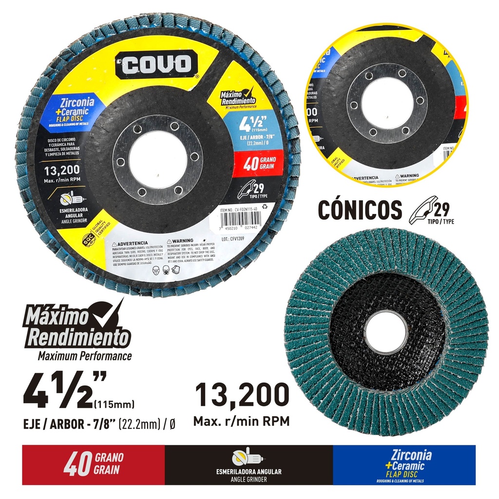 5-Pack Disco Flap de Circonio y Ceramica 4-1/2" #40 COVO