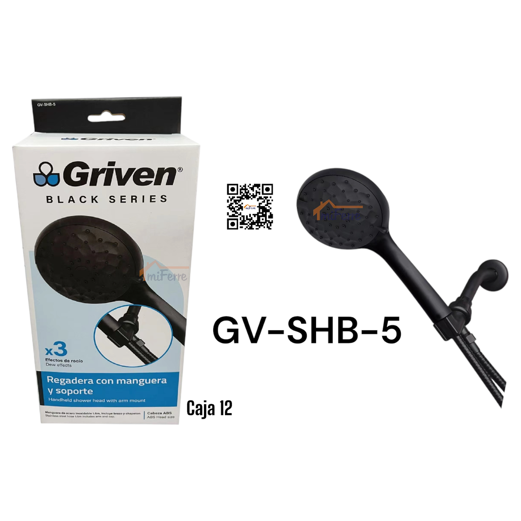 Regadera con Manguera y Soporte GRIVEN Black Series