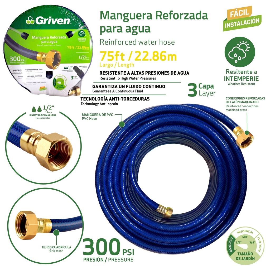 Manguera Reforzada para Agua 1/2" X 75ft GRIVEN