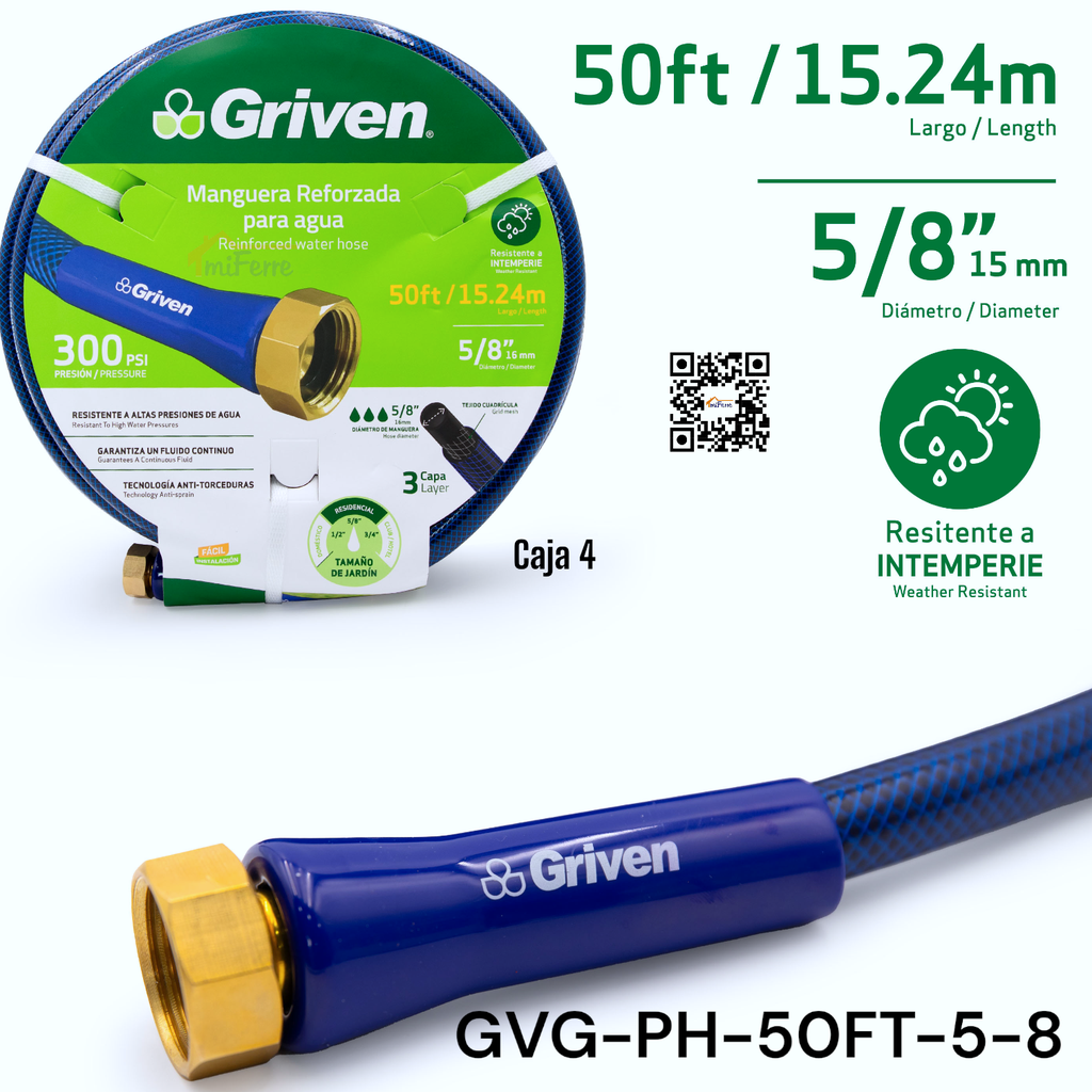 Manguera Reforzada para Agua 5/8" X 50ft GRIVEN