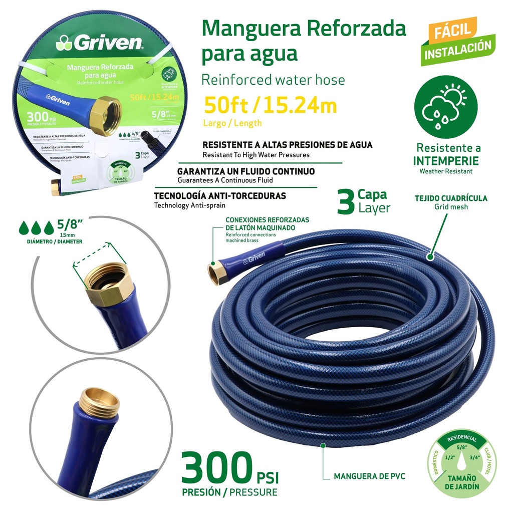 Manguera Reforzada para Agua 5/8" X 50ft GRIVEN
