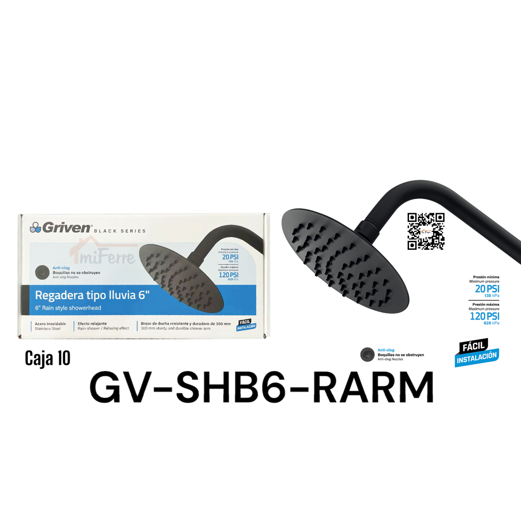 Regadera Tipo Lluvia 6" GRIVEN Black Series