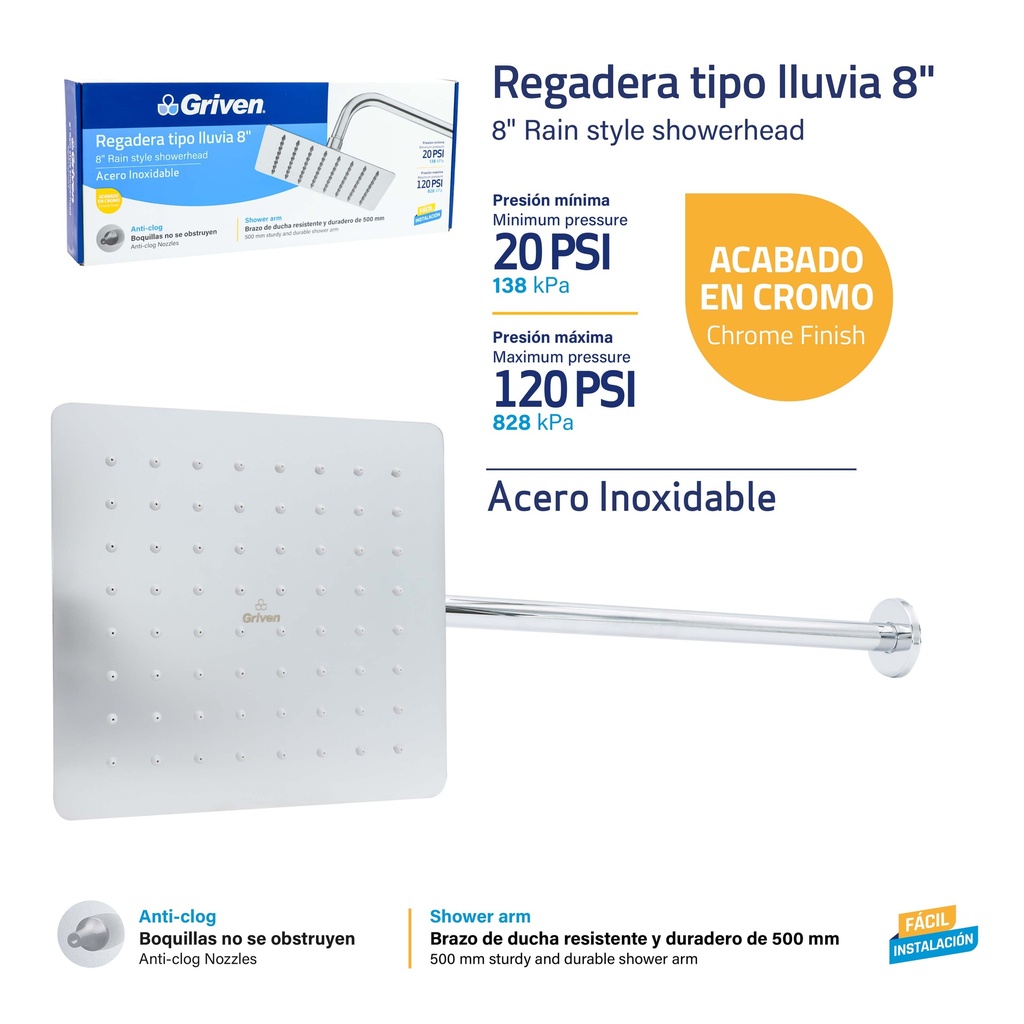 Regadera Tipo Lluvia 8" GRIVEN