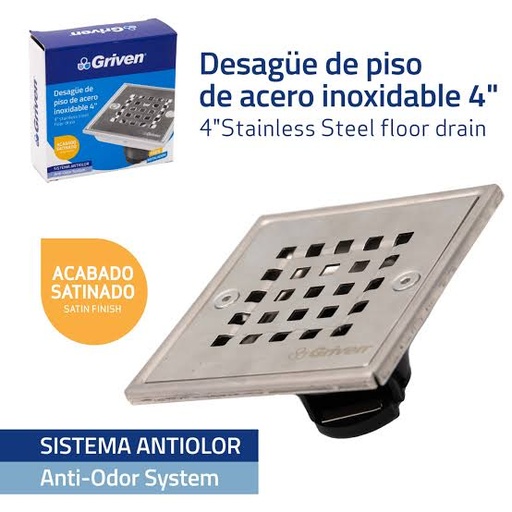 [A367-SD-10D] Desague de Piso de Acero Inoxidable 4" anti-olor GRIVEN