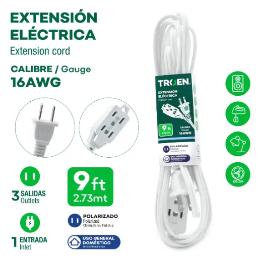 [7A136-F0601-9FT] Extension Electrica Blanca 9ft TROEN