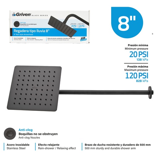 [GV-SHB8-SARM] Regadera Tipo Lluvia 8" GRIVEN Black Series