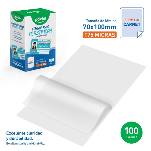 [YL-70100] Laminas para Plastificar Carnet 70 X 100m 175micras POINTER