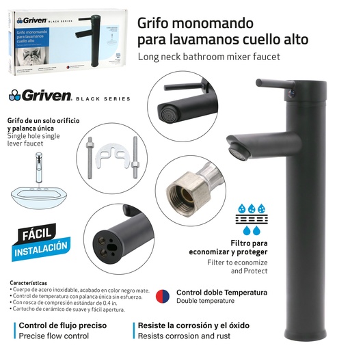 [GV-TMBF-1-3-8] Grifo Monomando para Lavamanos Cuello Alto GRIVEN