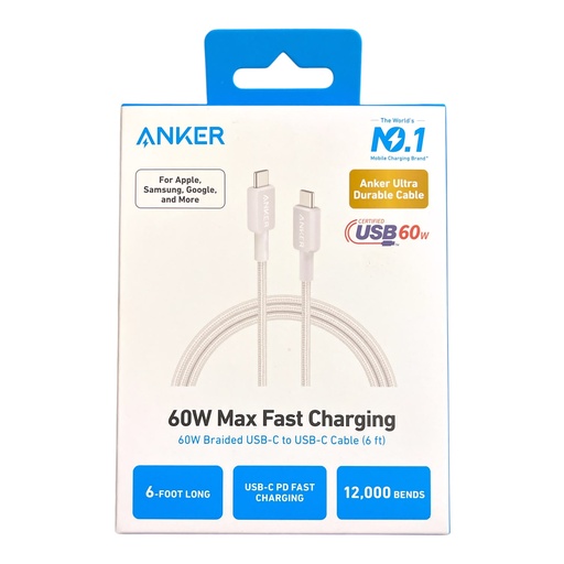 [A81F6H21-1] ANKER Cable USB-C 6ft 60W Max Fast Charging