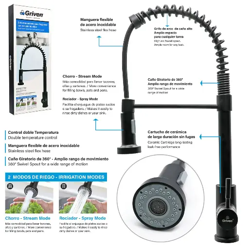 [A367-BF-8805B-3-8] Grifo Monomando para Fregadero con Rociador Abatible GRIVEN Black Series