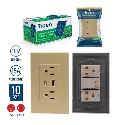 [A136-ETG-6C1TC] Tomacorriente Doble con USB y Tipo C TROEN