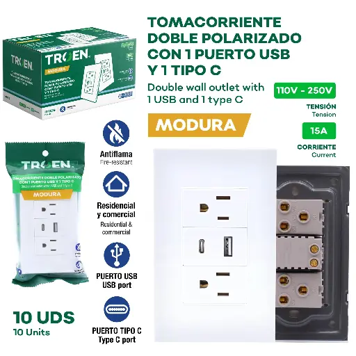 [A136-ETW-6C1TC] Tomacorriente Doble Polarizado con 1 Puerto USB y q Tipo C