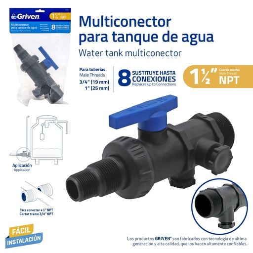 [GV-TV-12] Multiconector para Tanque de Agua 1-1/2" GRIVEN