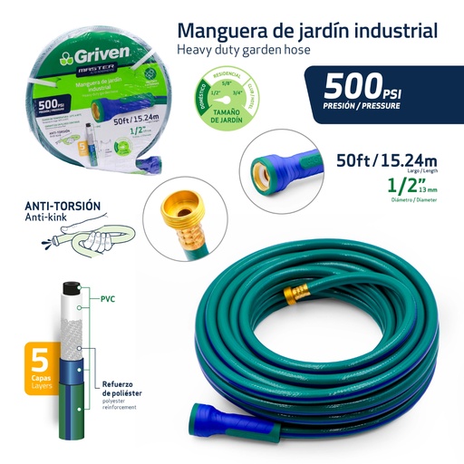 [GVM-PH5-50FT] Manguera de Jardin Industrial 1/2" X 50ft GRIVEN