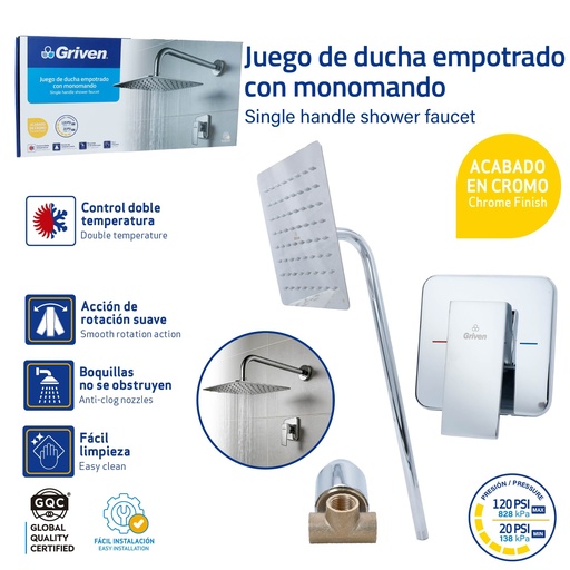 [GV-VSC] Set de Regadera Cuadrada 8" con Monomando GRIVEN