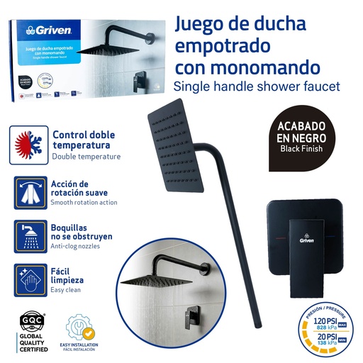 [GV-VSB] Set de Regadera Cuadrada 8" con Monomando GRIVEN Black Series