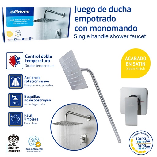 [GV-VSS] Set de Regadera Cuadrada 8" con Monomando GRIVEN