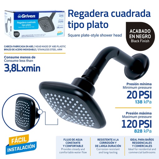 [GV-R8605-B] Regadera Cuadrada Tipo Plato GRIVEN