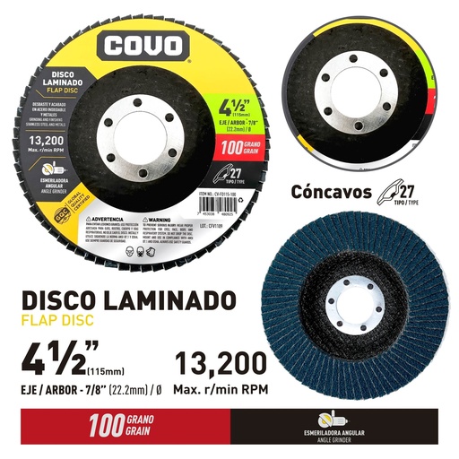 [CV-FD115-100] 5-Pack Disco de Lija Flap 4-1/2" #100 COVO