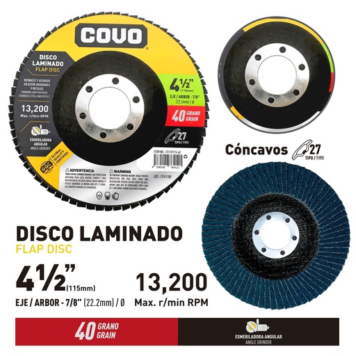 [CV-FD115-40] 5-Pack Disco de Lija Flap 4-1/2" #40 COVO