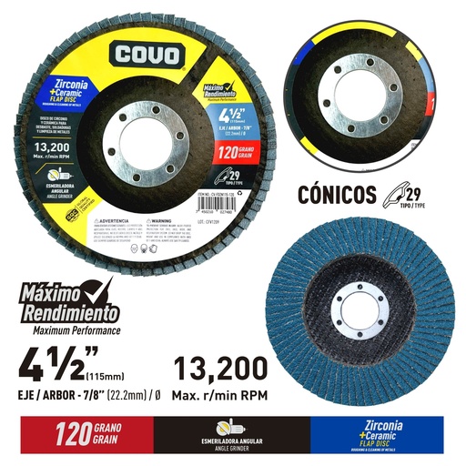 [CV-FDZN115-120] 5-Pack Disco Flap de Circonio y Ceramica 4-1/2" #120 COVO