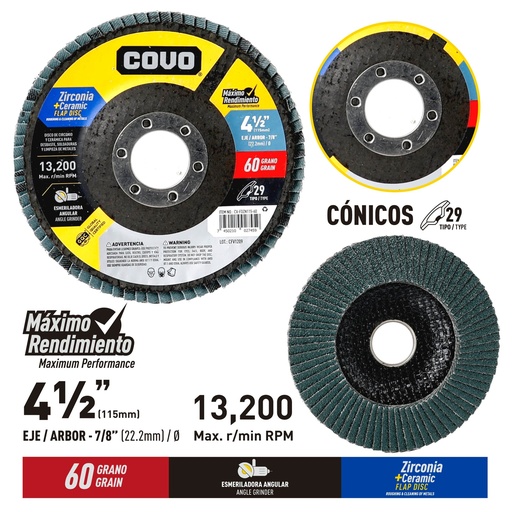 [CV-FDZN115-60] 5-Pack Disco Flap de Circonio y Ceramica 4-1/2" #60 COVO