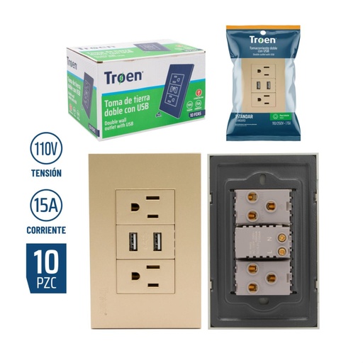 [A136-ETG-6C2U] Tomacorriente Doble con USB TROEN