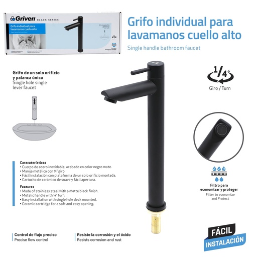 [GV-TSBF-1] Grifo Individual para Lavamanos Cuello Alto GRIVEN Black Series