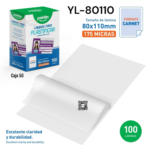 [YL-80110] Laminas para Plastificar 80 X 110mm 175micras 100pza POINTER