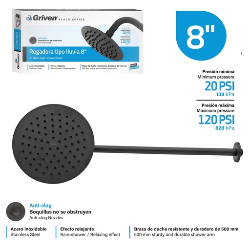 [GV-SHB8-RARM] Regadera Tipo Lluvia 8" GRIVEN Black Series