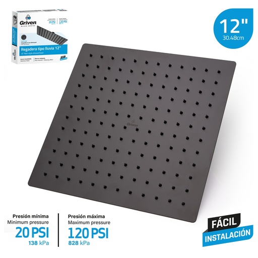 [GV-SHB12-S] Regadera Tipo Lluvia 12" GRIVEN Black Series