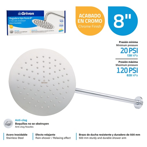 [GV-SHC8-RARM] Regadera Tipo Lluvia 8" GRIVEN
