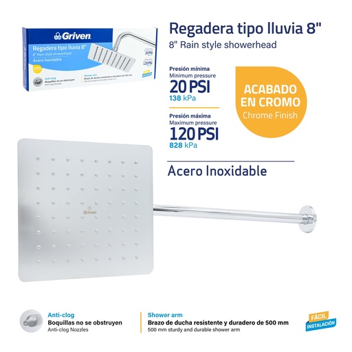 [GV-SHC-8SARM] Regadera Tipo Lluvia 8" GRIVEN