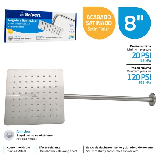 [GV-SHS8-SARM] Regadera Tipo Lluvia 8" GRIVEN